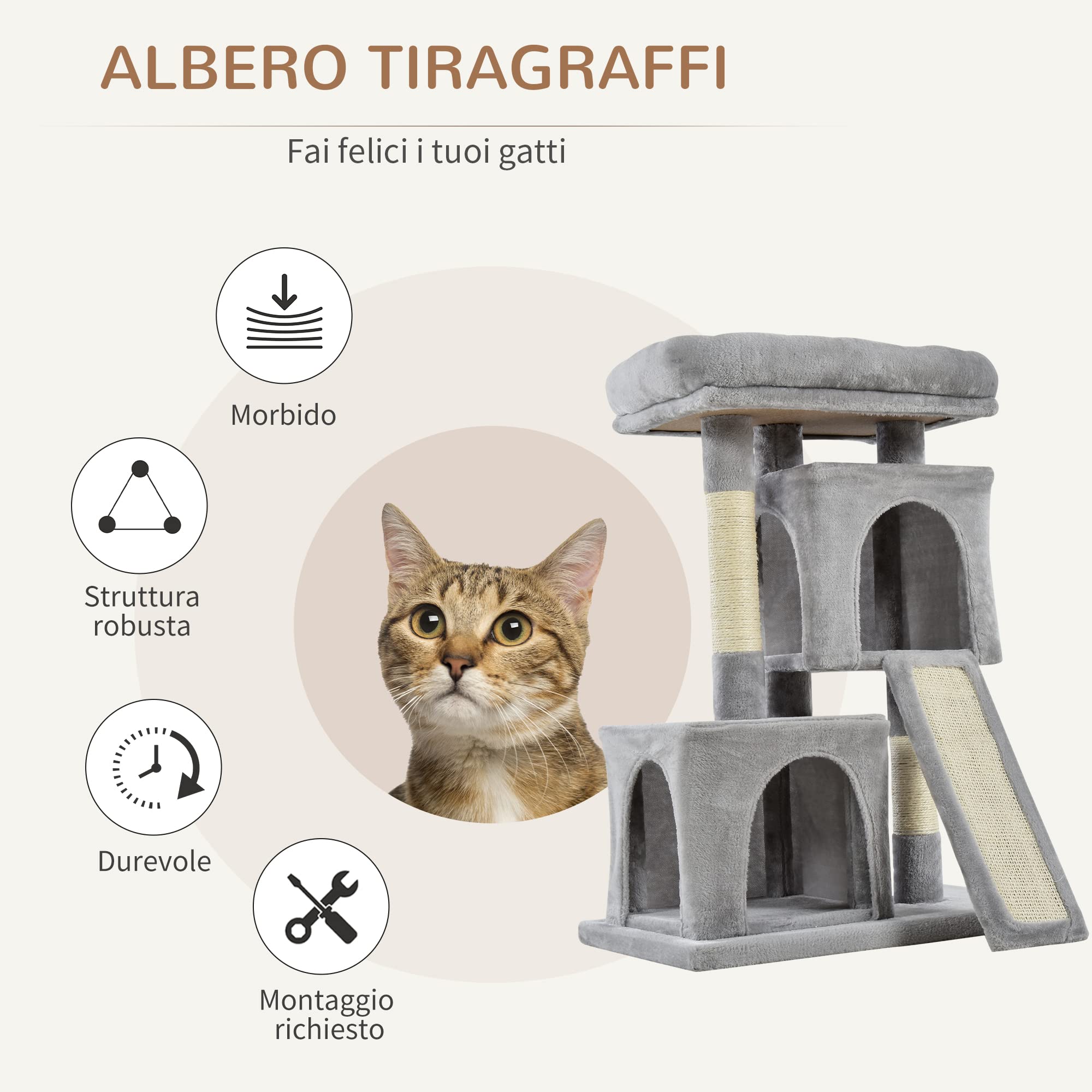 PawHut Albero Tiragraffi per Gatti Adulti e Gattini con Pali in Sisal, Lettino e 2 Casette con Rivestimento in Peluche, 59x39x81cm, Grigio Chiaro