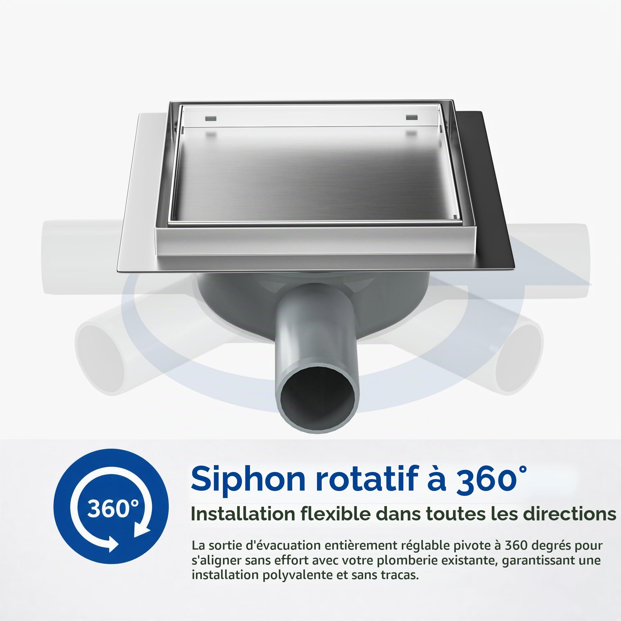 Caniveau de douche en acier inoxydable Duadratisch - 15 cm - 2 en 1 - Avec siphon à 360° - Joint d'eau et filtre à cheveux améliorés - 2 adaptateurs de vidange DN50 DN40 - Argenté