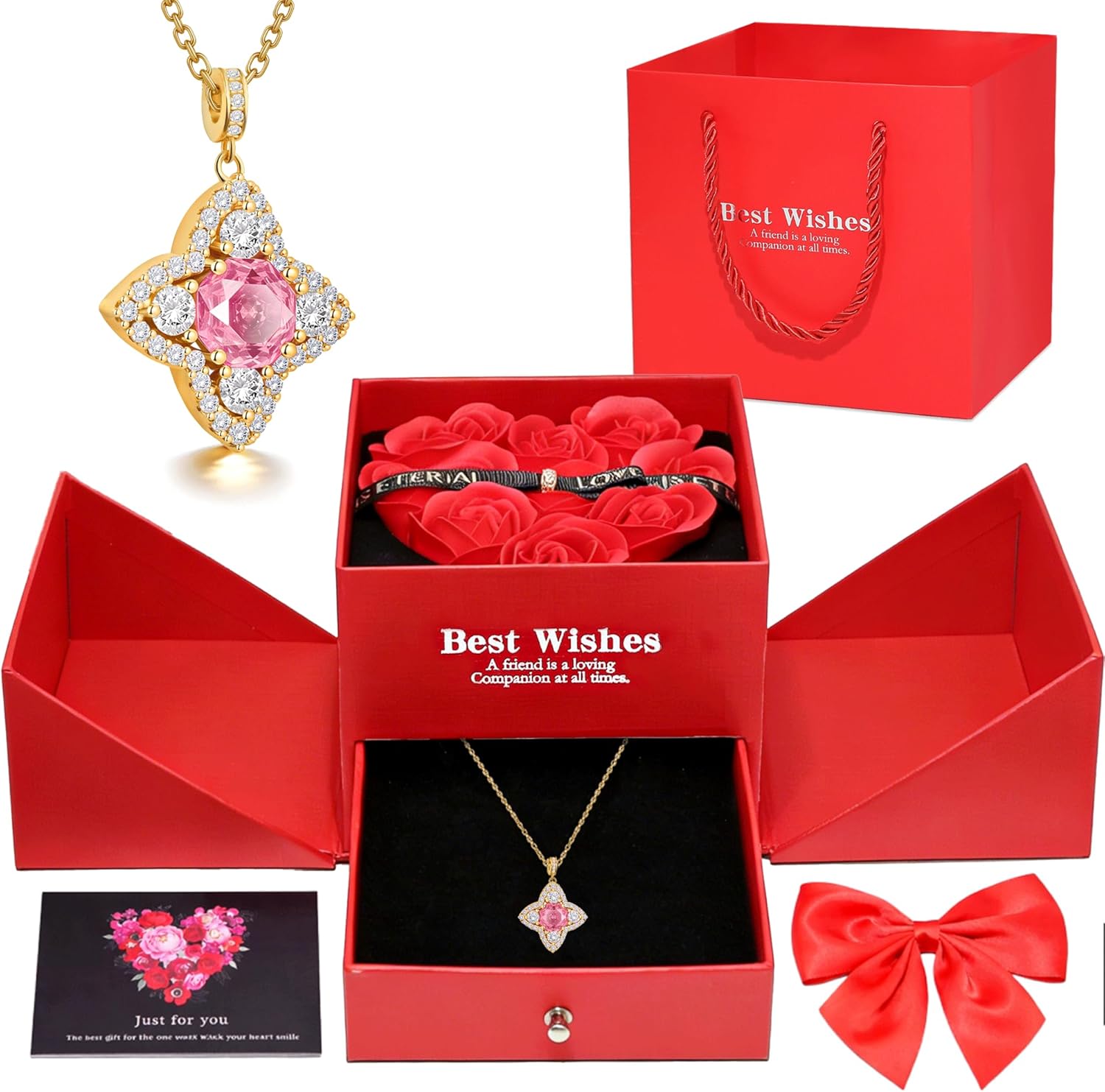 Preserved Real Red Rose with 18K Gold Plated Four Leaf Clover Necklace – Cubic Zirconia Jewelry Gift Set – Romantic Gift for Her Wife Girlfriend Mom Bestie & Self-Use on Birthday Anniversary