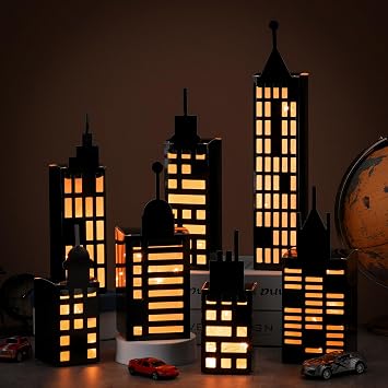 Kolldenn 15 Pcs Hero Party Favor Boxes 3D Skyscraper Centerpiece,Warm | City Skyline Buildings Decor, Hero theme Table Decor, Illuminated Window Design ,Birthday Party Supplies