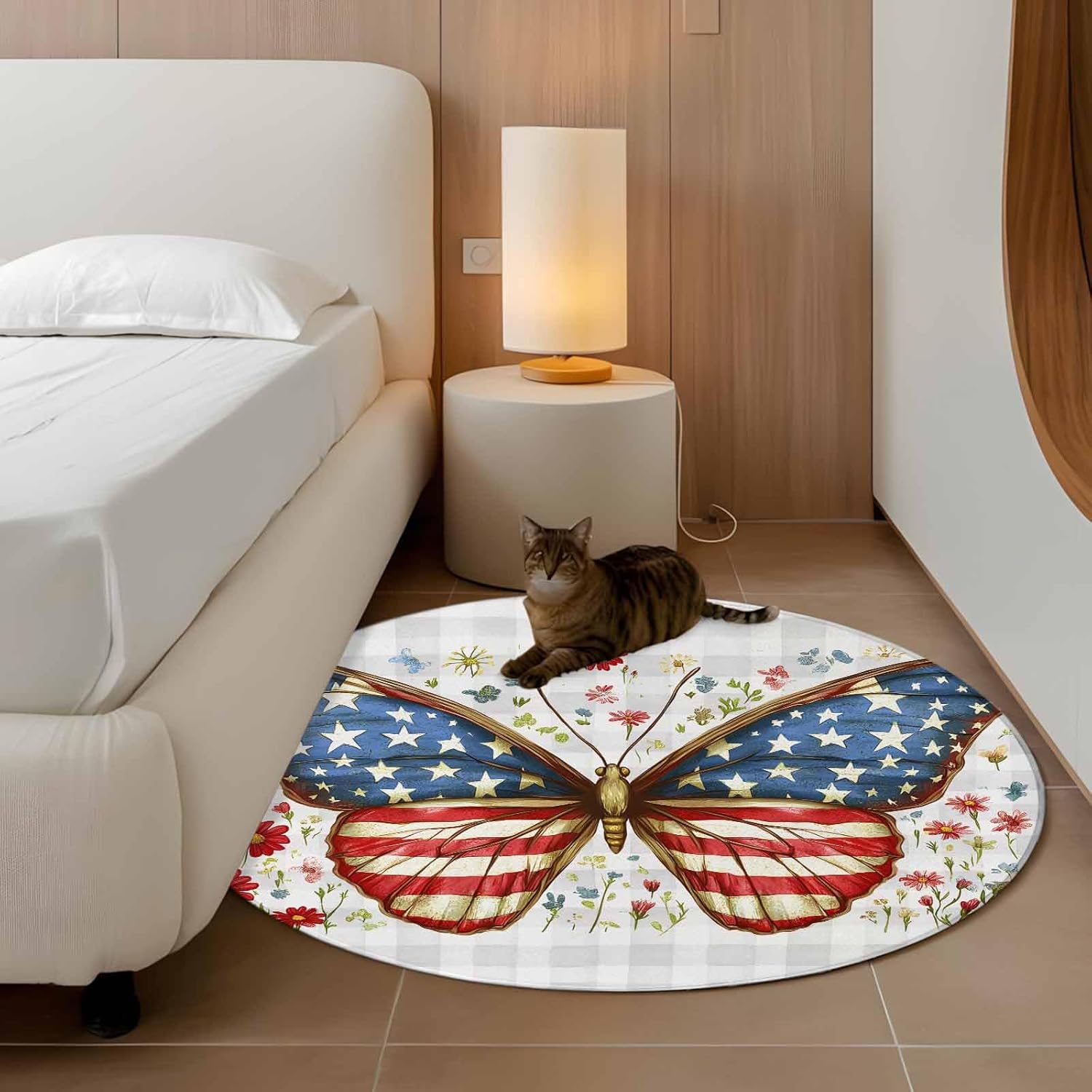 DecorLovee Round Rug 3.3Ft Washable Non-Slip, Independence Day Circle Area Rugs for Living Room Bedroom, American Flag Butterfly Grey Plaid Indoor Floor Mats Carpet Runner for Home Decor Aesthetic