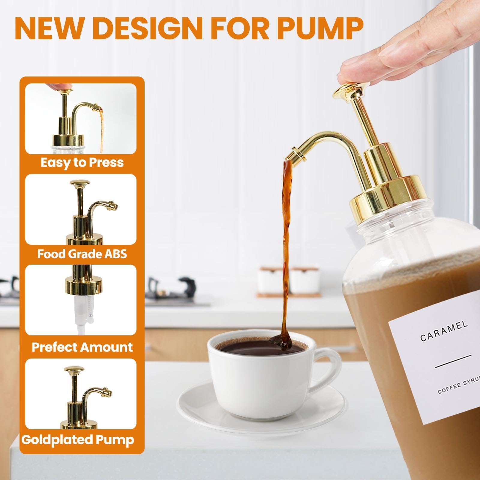 Sunal Confezione da 3 dispenser per sciroppo di caffè, 500 ml, dispenser per sciroppo dorato con vassoio, bottiglie a pompa in vetro con imbuto e 36 etichette per cucina e bar