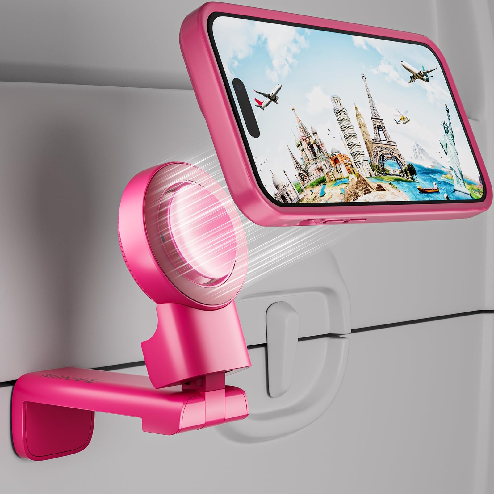 MiiKARE Travel Essentials Magnetic Airplane Phone Holder, Universal Handsfree Phone Mount for Flying with 360 Degree Rotation, Travel Must Haves Phone Stand for Desk, Tray Table, BarbiePink