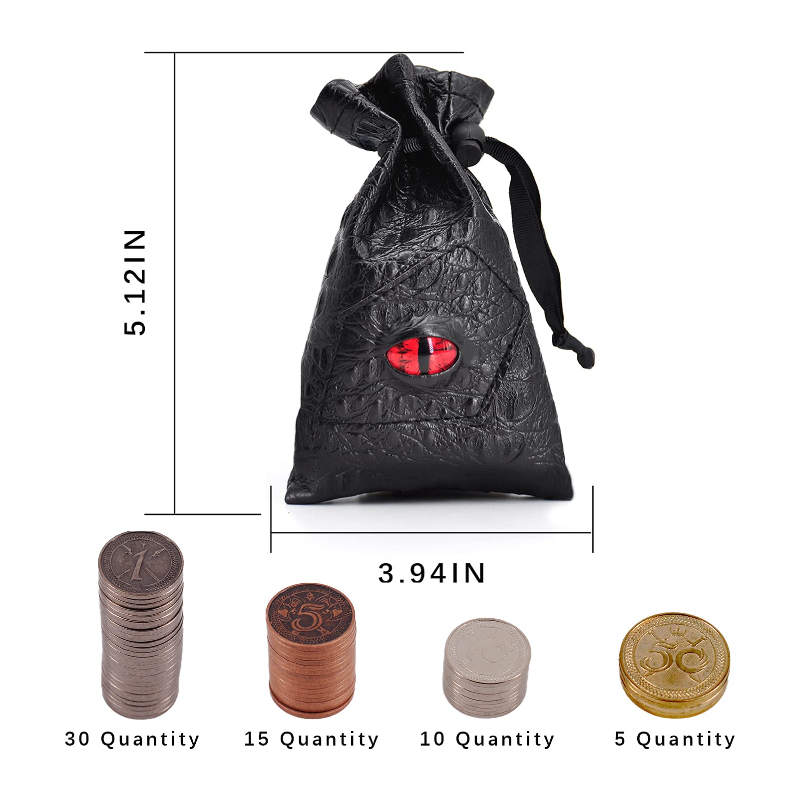 DND Lot de 60 pièces en métal avec pochette en cuir – Jetons de jeu, trésor de pirate, accessoires et accessoires pour jeux de société, donjons et dragons, RPG de table et