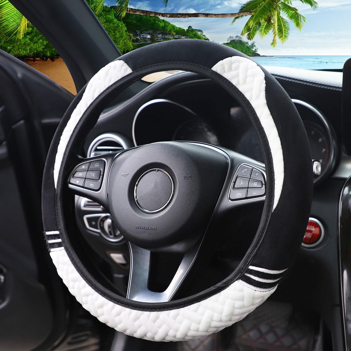 Osilly 15 Inch Car Plush Steering Wheel Cover for Winter Warm, Anti-Slip Automotive Steering Wheel Protector Interior Decoration for Women Man, Universal for Vehicle SUV Truck RV and More (White)