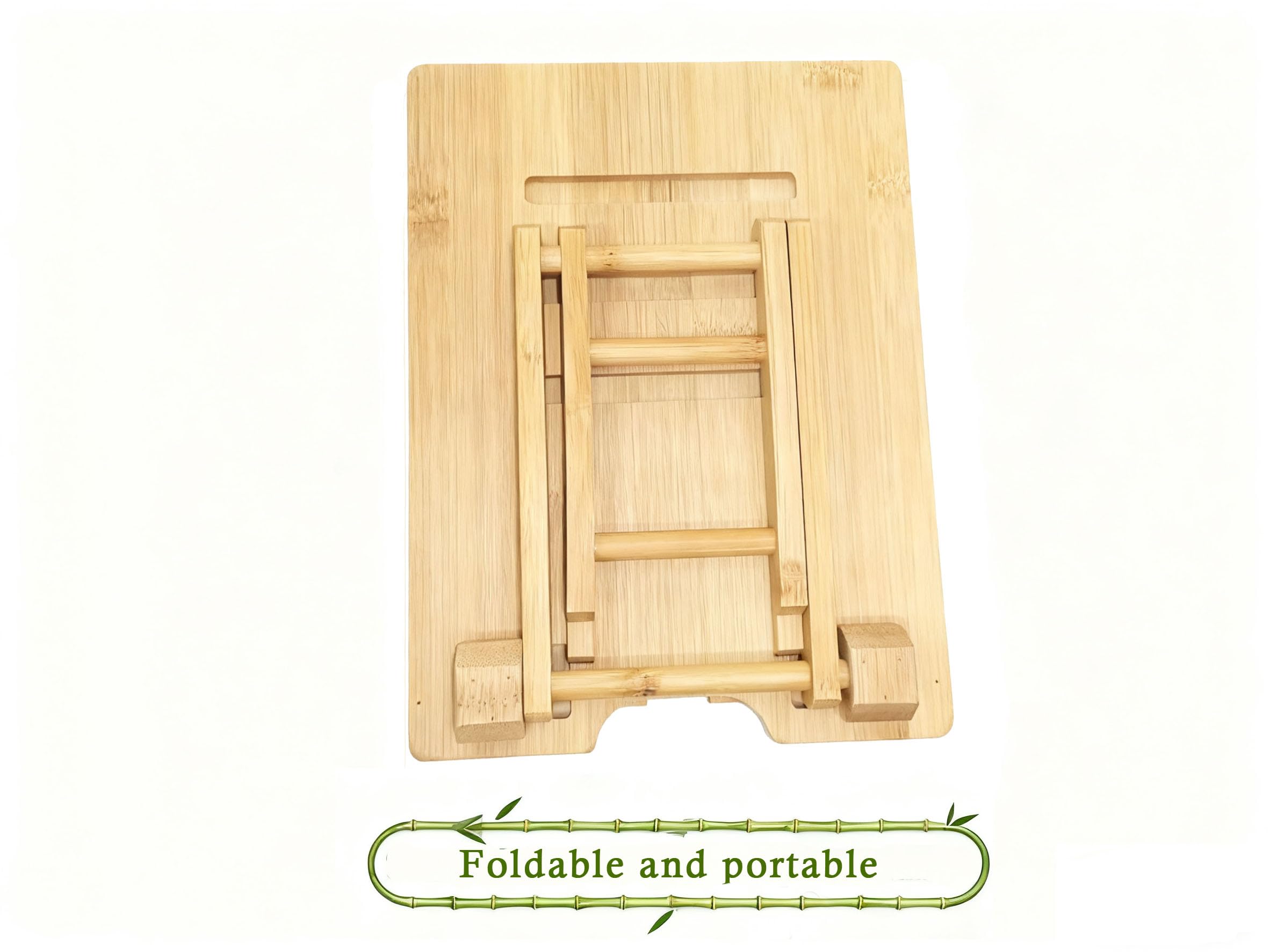 Supporto pieghevole regolabile in bambù per tablet e telefono con porta di ricarica, ideale per scrivania, cucina e relax