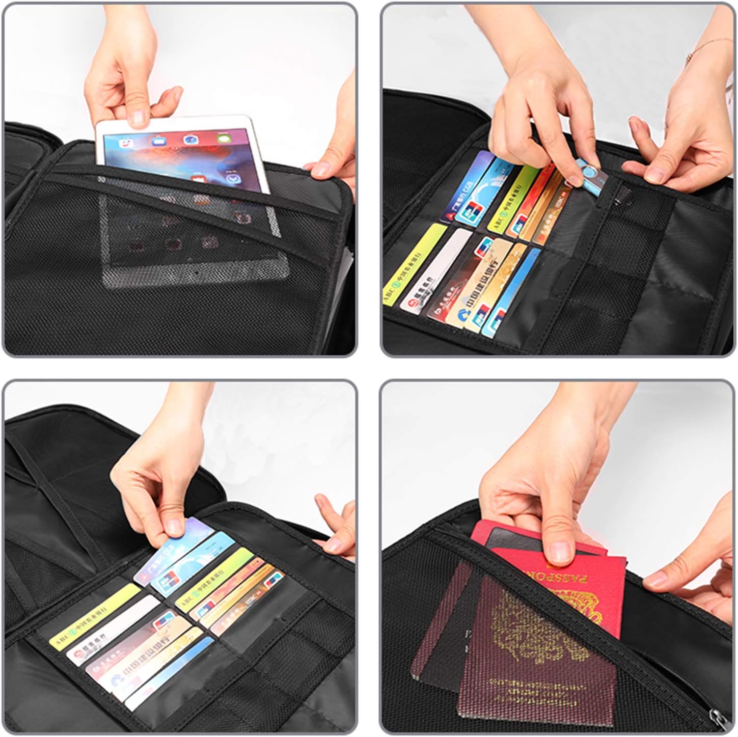 Four panel image showing how to organize items in the document bag