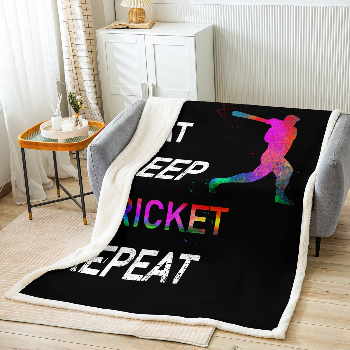 Cricket Plush Blanket Sports Game Fleece Throw Blanket for Boys Girls Children Eat Sleep Cricket Gaming Colorful Sherpa Blanket Gift for Cricket Lover Grey Room Decor Baby 30x40 Inch