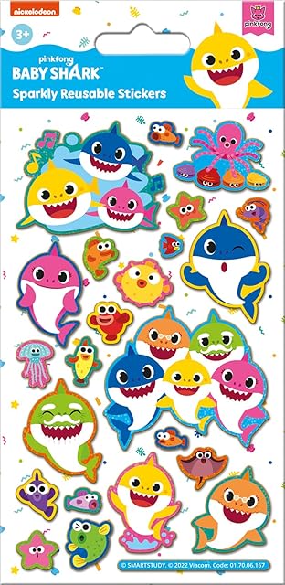 Paper Projects 01.70.06.167 Baby Shark Sparkly Stickers | Official Licensed Product | Reusable on Non-Porous Surfaces, White, 19.5cm x 9.5cm