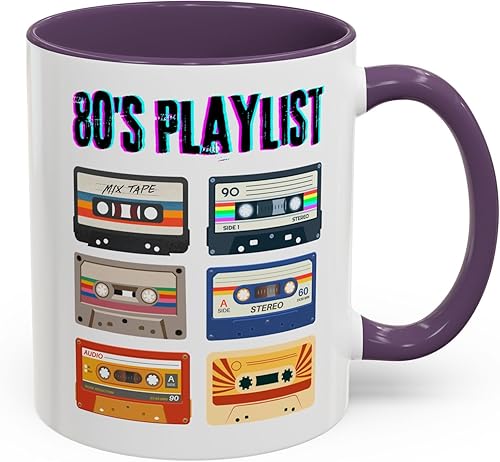 Lista de reproducción de los años 80, Taza de café retro, decoración de los años 80, Gráfico de cinta de cassette, Música nostálgica, Ventilador de