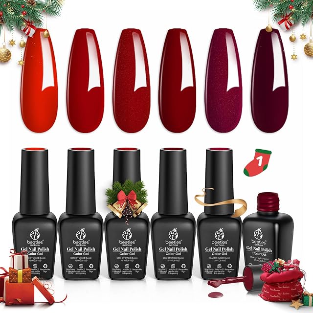 Beetles Red Gel Nail Polish Set, Poinsettia Collection Dark Red Burgundy Red Christmas Red Glitter Gel Polish Soak Off UV LED Nail Lamp Gel Nail Kit Nail Art Manicure Kit Gifts for Women