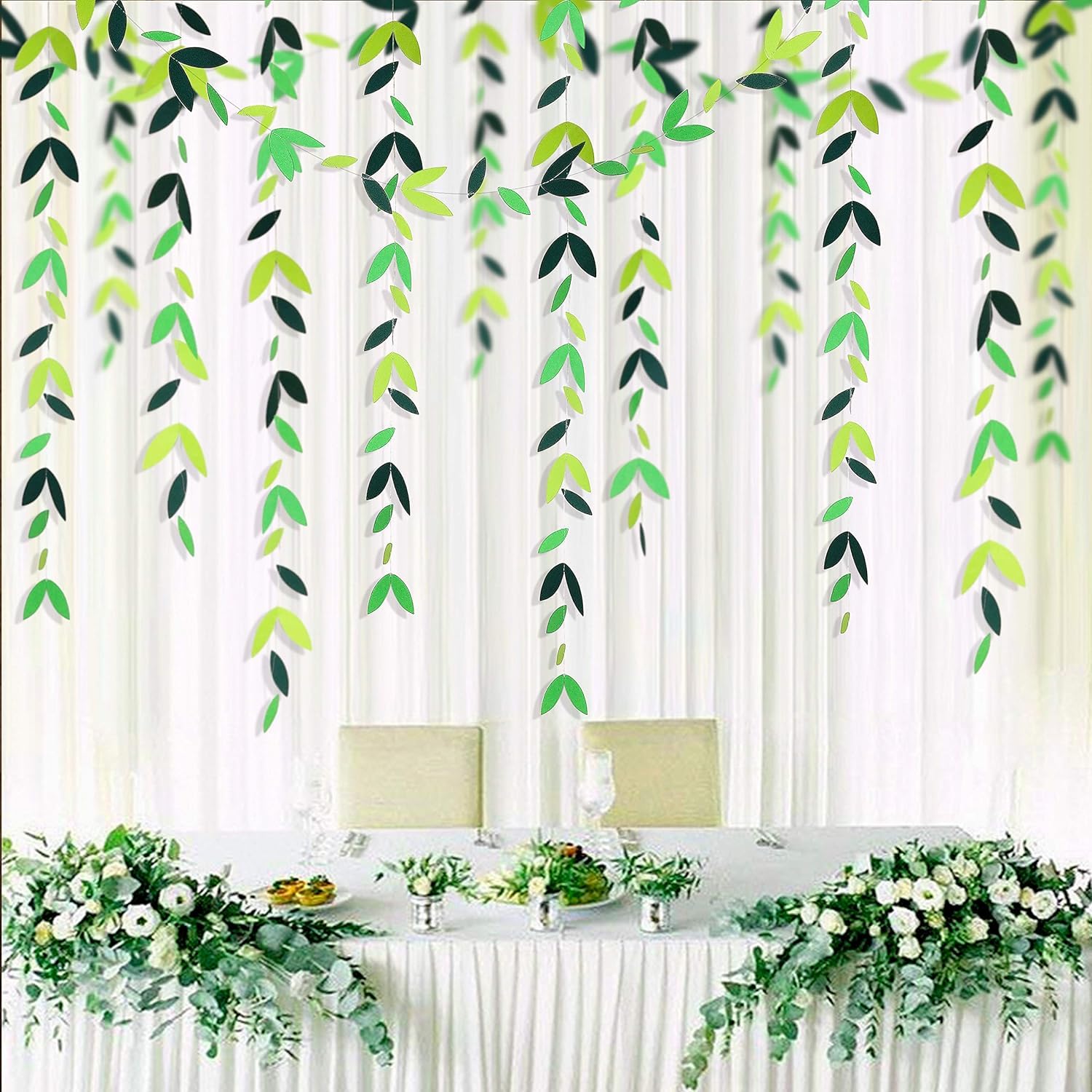 Tazweeq52 Ft Spring Summer Theme Green Paper Leaf Garland, 8 Packs of Hanging Leaves Streamer Banner for Birthday, Wedding, Engagement, Bridal Shower, Baby Shower, & Tea Party Decorations