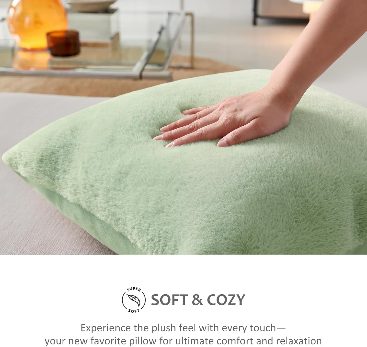 Pallene Faux Fur Plush Spring Throw Pillow Covers 18x18 Set of 2, Soft Fluffy Couch Pillow Covers for Living Room, Sage Green - Image 4