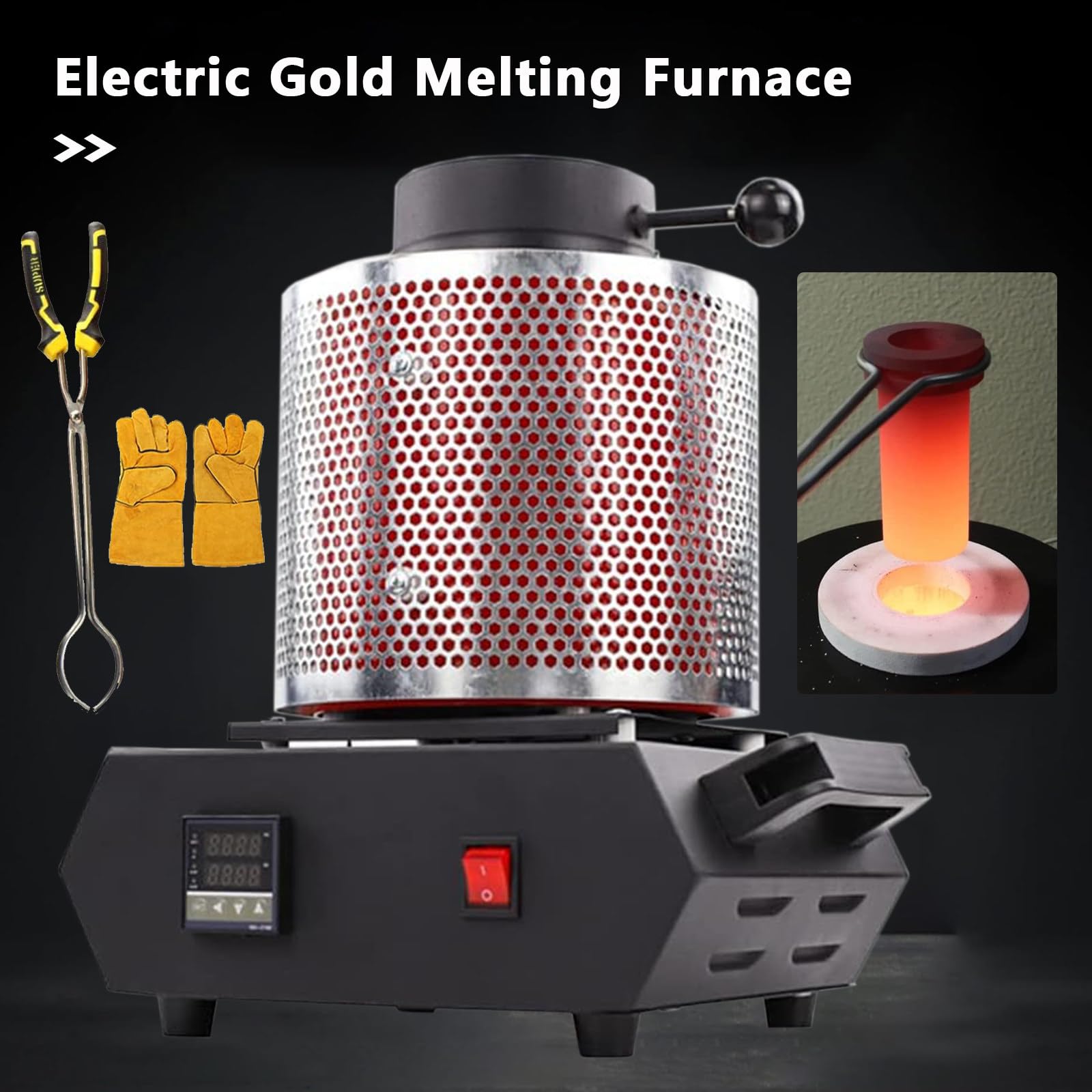 Horno eléctrico para fundir oro con 3 crisoles de grafito para chatarra fundida, máquina de fundición de metales digital de 2102 ℉ con protección de malla, horno de fundición para refinación