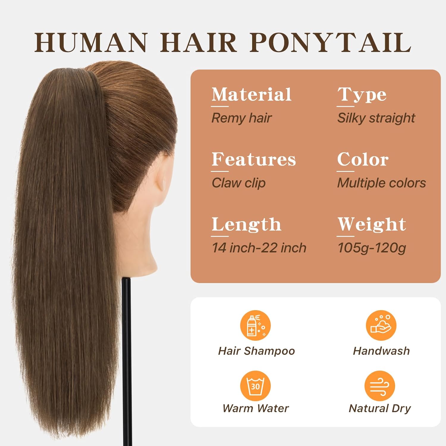 Claw Clip In Ponytail Extension, 100% Human Hair Ponytail Extension, No Tangle & Smooth, 105g, 14 Inch #Dark Brown