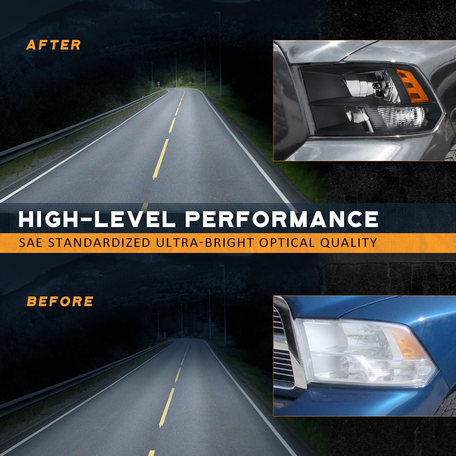 WEELMOTO Headlights for 09-18 Dodge Ram 1500/10-18 Dodge Ram 2500 3500 Models with Factory Quad Style Headlamp Replacement Black Housing Amber Reflector (Not Fit Factory Projector Style)