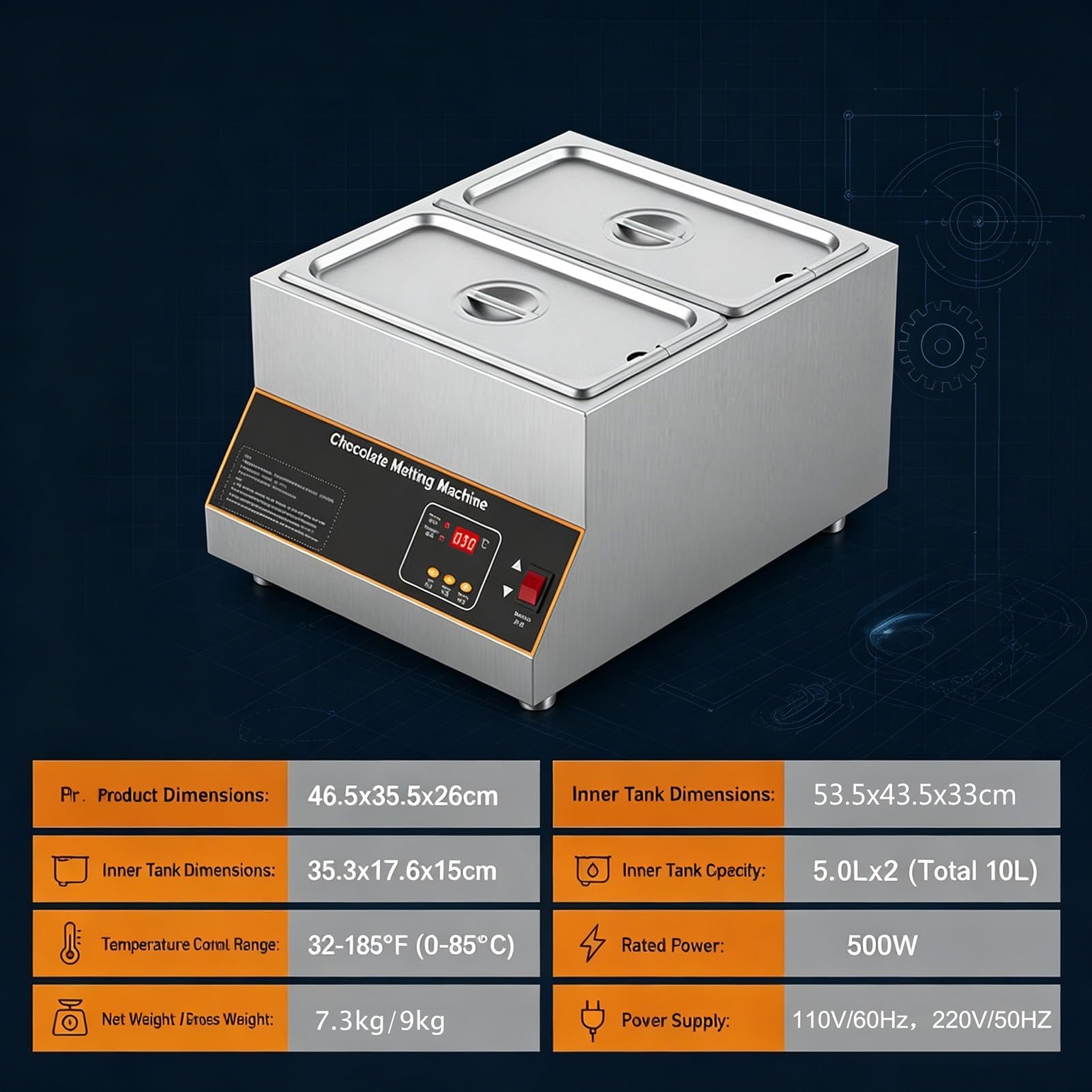 Machine de Fusion Chocolat-12kg Pot-Fondoir à Chocolat Électrique-Chauffage Comptoir Pour Hôtel,Trempeuse à Chocolat-Température Constante 0-85 C-Acier Inoxydable 304(2Tank)