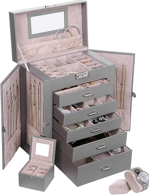 ANWBROAD 6 Tier Huge Jewelry Box Jewelry Organizer Box Display Storage Case Holder with Lock Mirror Girls Jewelry Box for Earrings Rings Necklaces Bracelets Gift Faux Leather JJB004