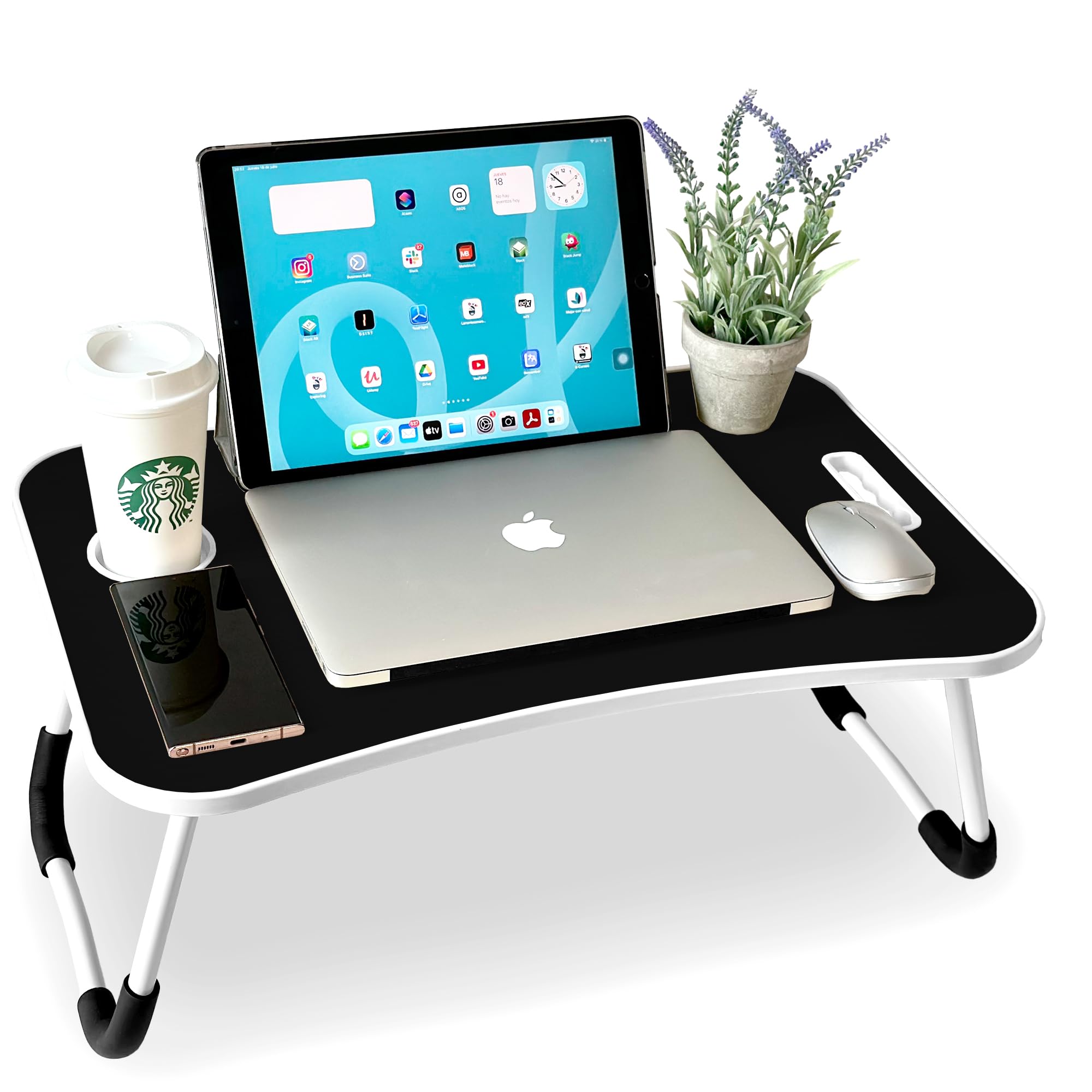 unycos - Betttablett Klappbar, Frühstückstablett mit Griff und Getränkehalter, Serviertisch, Ideal für Lesen und Arbeiten, Auch als Lapdesk Verwendbar 60x40x26 cm (Schwarz ohne Schublade)