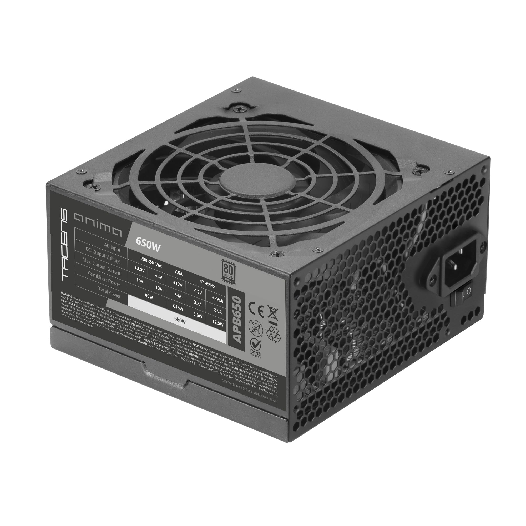 TACENS ANIMA APB650, Fuente Alimentación PC ATX 650W, Certificado 80Plus Bronze, 85% Eficiencia, Tecnologías SMD y DC-DC, Ventilador Ultra-silencioso 12cm, Cables Planos Extralargos, Negro