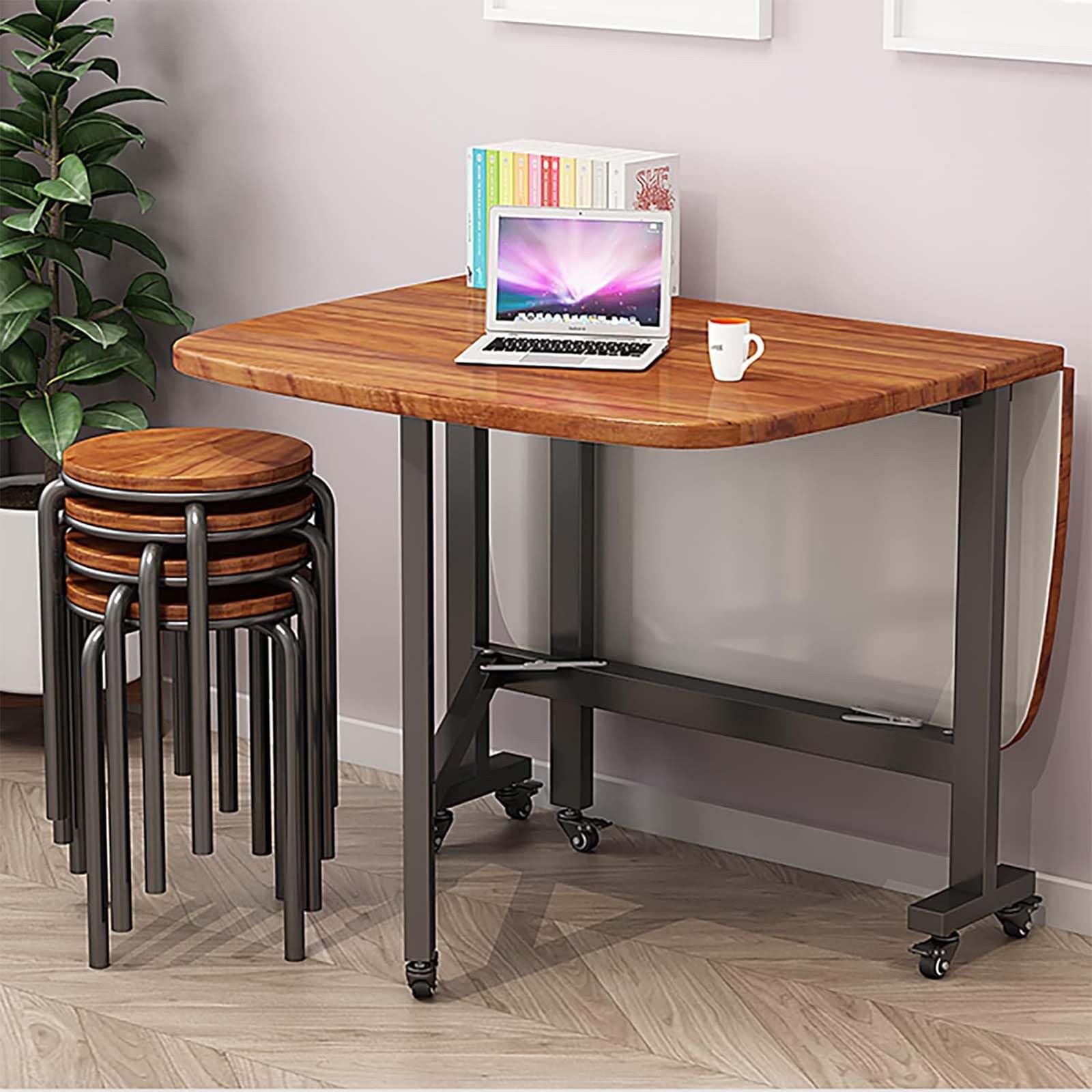 Tavolo da pranzo pieghevole in legno con ruote mobili, design a foglia allungabile, tavolo pieghevole mobile per salotto, caffè, ristorante, nero (120 x 70 cm)