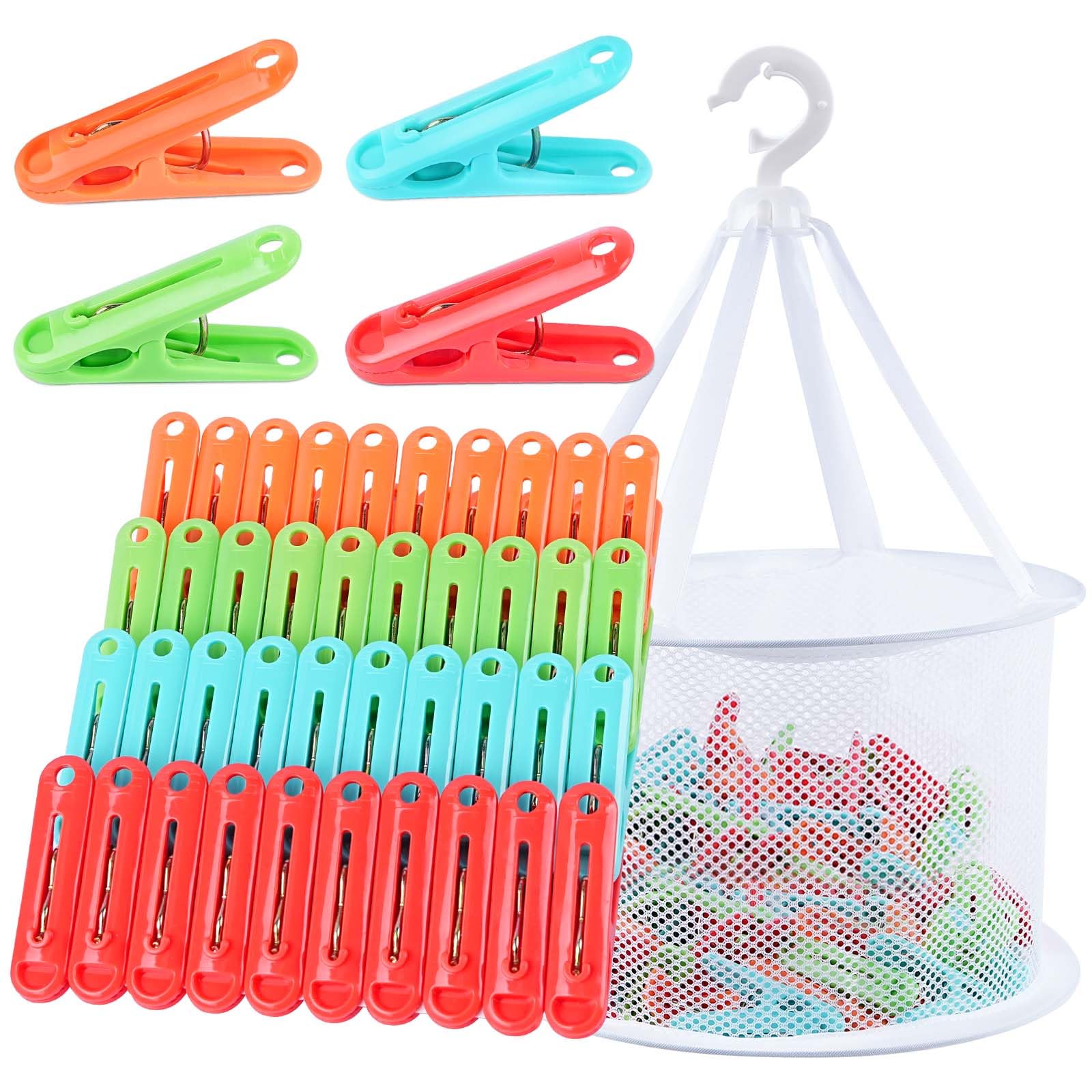 60 Stück Wäscheklammer ohne Abdruck mit Wäscheklammerbeutel, Bunte Wäscheklammern Korb, Windfeste Wäscheklammern Korb für Wäscheklammer, Sockenklammern für Wäscheleinen und Kleidung, Socken