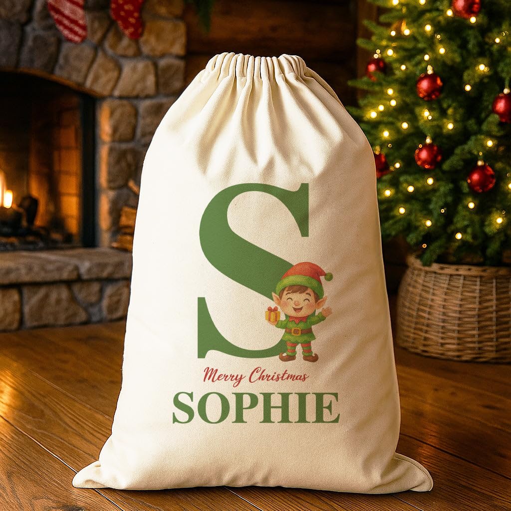 The Gift Project Biege Personalised Christmas Elf Initial And Name - Christmas Santa Sack