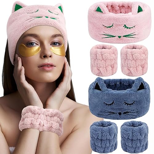 Miniatura 6 de AHONEY Juego de pulseras y diadema para lavar la cara, lindas diademas de maquillaje para spa y cuidado de la piel, diademas rosas para mujeres y