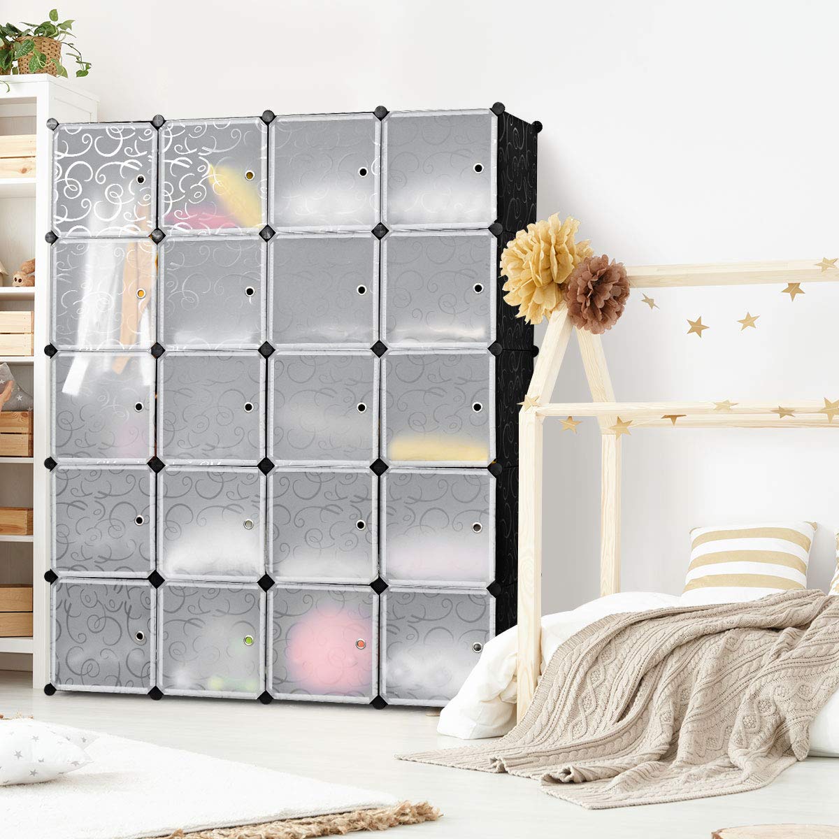 GIANTEX Steckregal Regalsystem mit 20 Würfeln, Kleiderschrank Aufbewahrungsschrank modularer Organizer aus Kunststoff, Würfelregal stapelbar mit Kippsicherung, 145x47x180 cm