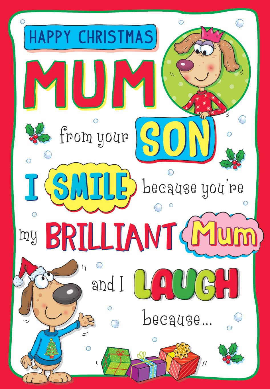 Regal Publishing Humour Funny Christmas Card, Mum from Son, 2 dogs - 9 x 6 inches - Piccadilly Greetings