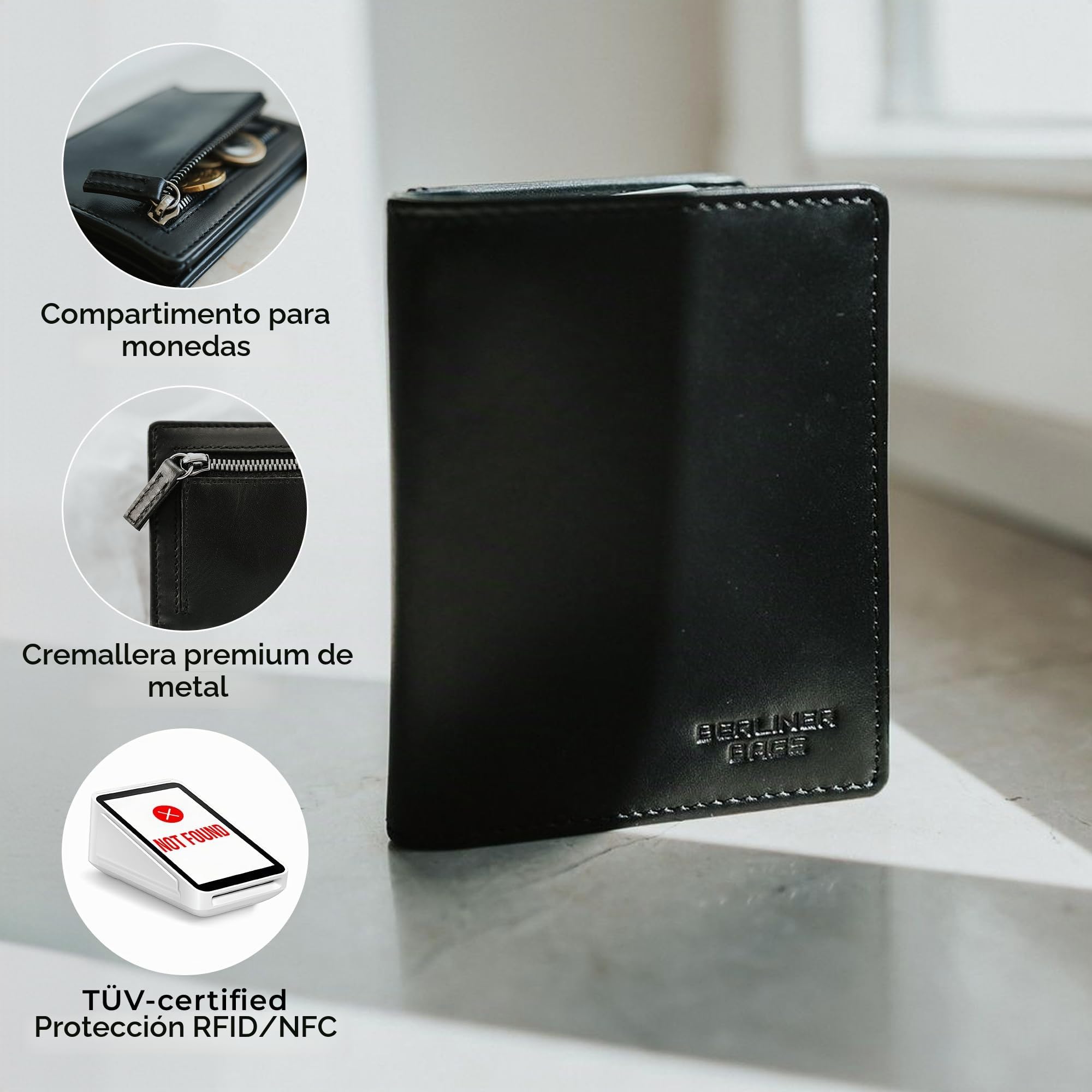 Berliner Bags Chris Cartera Vertical Cuero Hombre Monedero Cremallera RFID | Negro Billetera De Piel Auténtica Slim 9 Tarjetas Ventana Dni Bolsillo Oculto Protección Nfc Compacta Elegante Y Práctica