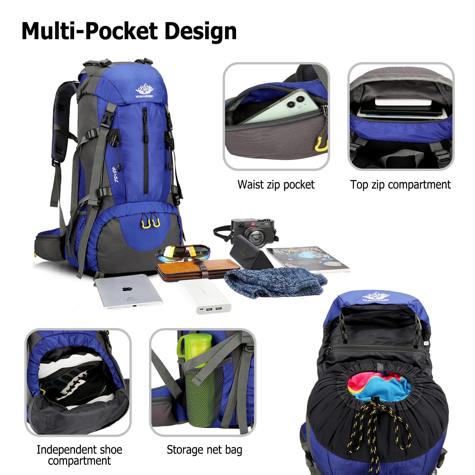 50L Zaino da Trekking Zaino Impermeabile Zaini con Copertura per la Pioggia Donna Uomo Backpack per Escursionismo Campeggio Arrampicata Viaggio Verde