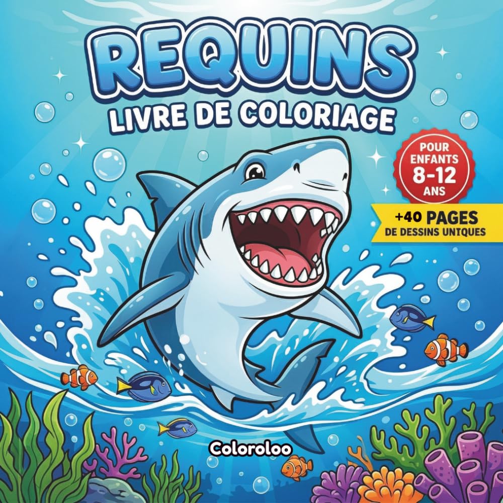 Livre de coloriage de requins pour enfants de 8 à 12 ans: Incroyables requins de l’océan à colorier | Grand livre de coloriage sur les animaux marins pour enfants