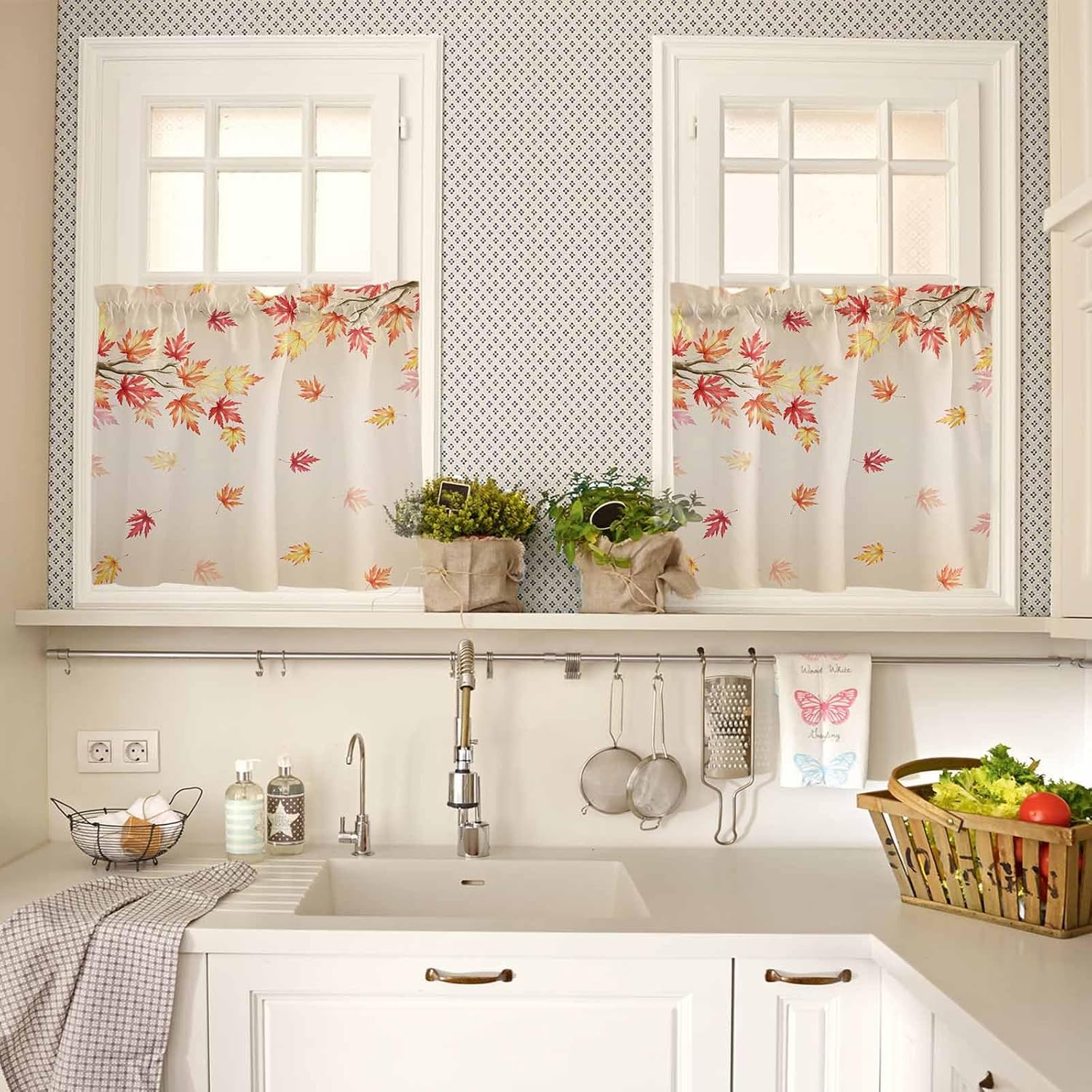Autumn Maple Leaves Kitchen Curtains and Valance Set, Farmhouse Window Curtain Valance 54''x18'', Thanksgiving Harvest Fall Aesthetics Art Small Short Half Tier Curtains for Bathroom Cafe 55x24 Inch