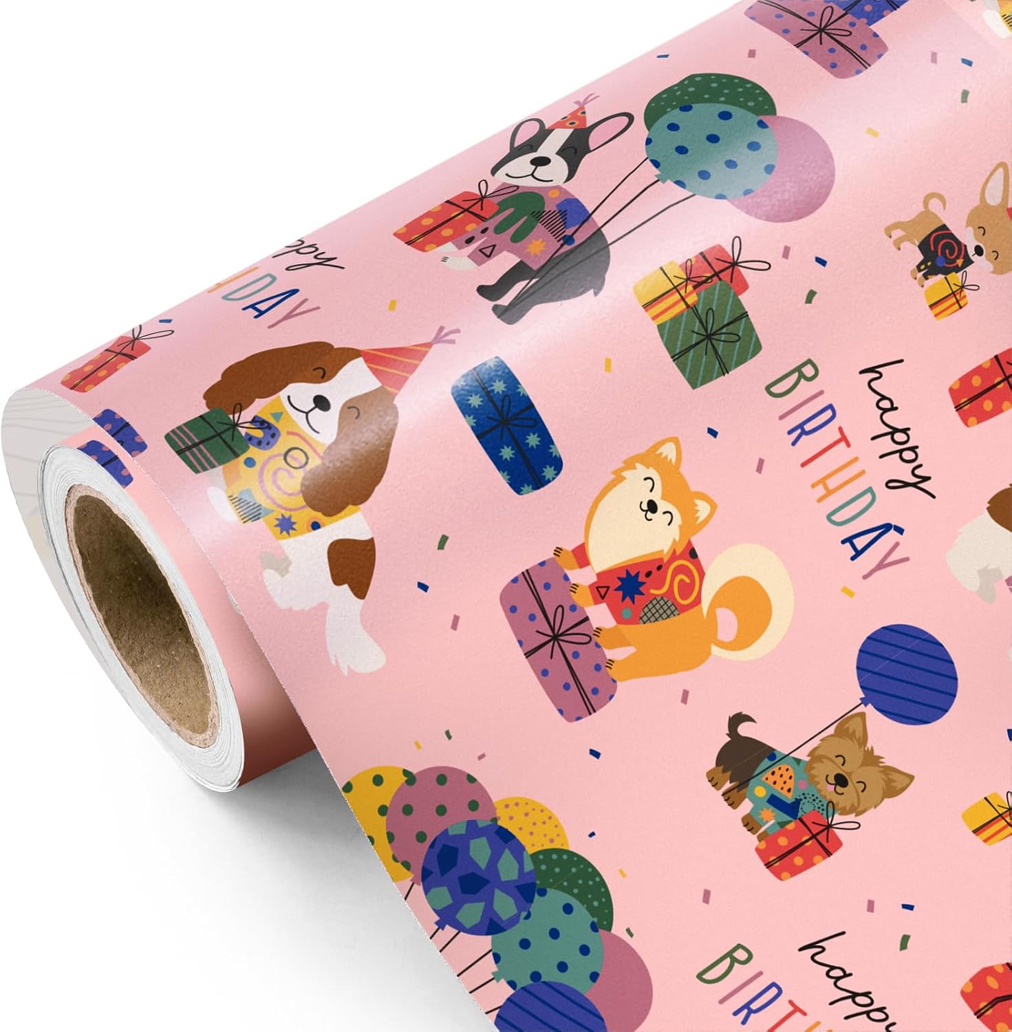WRAPAHOLIC Puppy Dog Wrapping Paper - Mini Roll - 17 Inch x 9.8 Feet - Yellow Birthday Wrapping Paper Perfect for Kids Boys Grils, Baby Shower