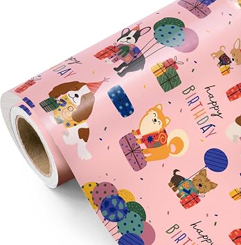 WRAPAHOLIC Dog Birthday Wrapping Paper Roll - Mini Roll - 17 Inch x 9.8 Feet - Pink Birthday Puppy Dog Wrapping Paper, Perfect for Girls Kids Party, Baby Shower