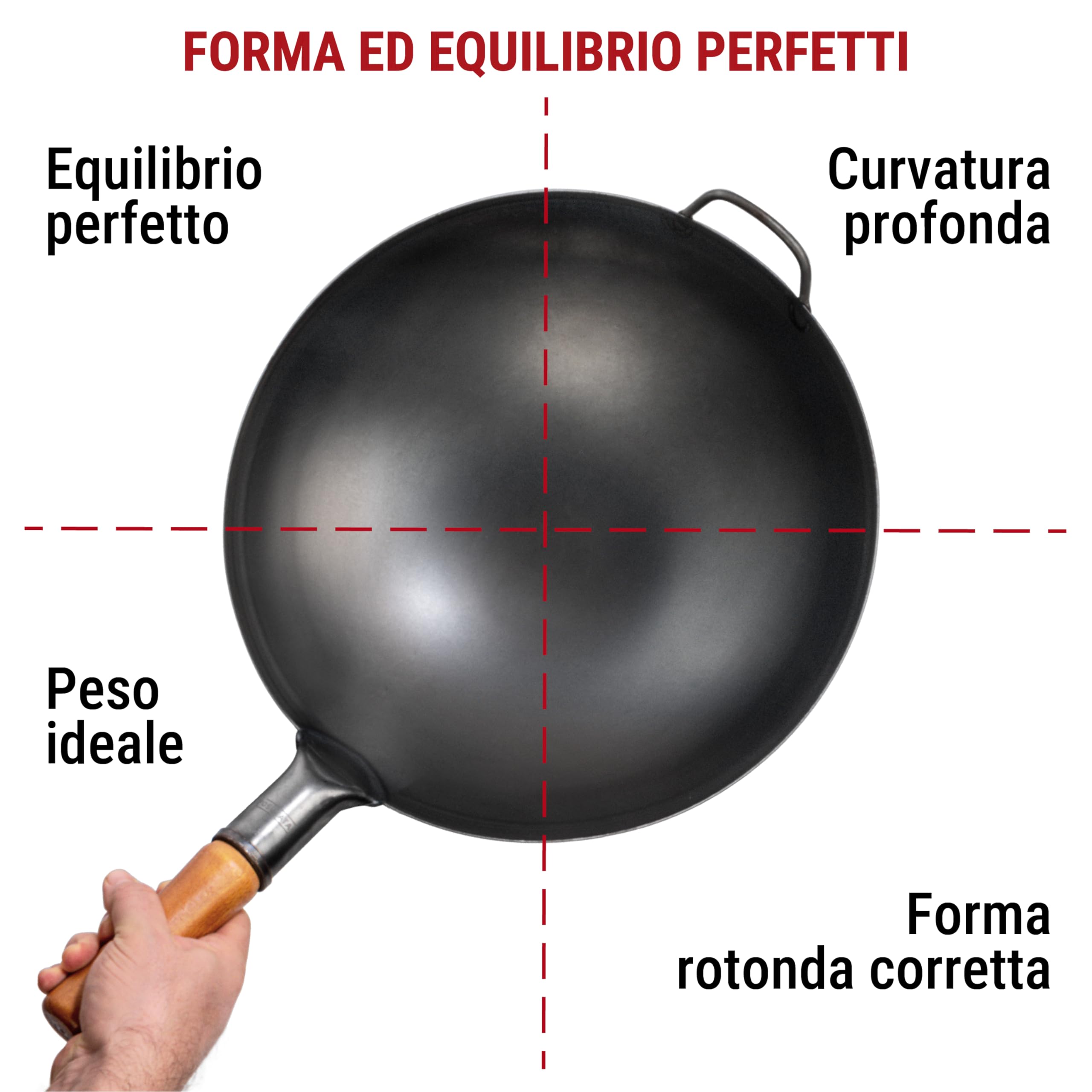 YOSUKATA Padella Wok Professionale 36 cm - Tradizionale Fondo Tondo in Acciaio al Carbonio Precondizionato - Cinese Originale - Pentola Grande - Compatibile con Gas e Fuoco Aperto (Nero)