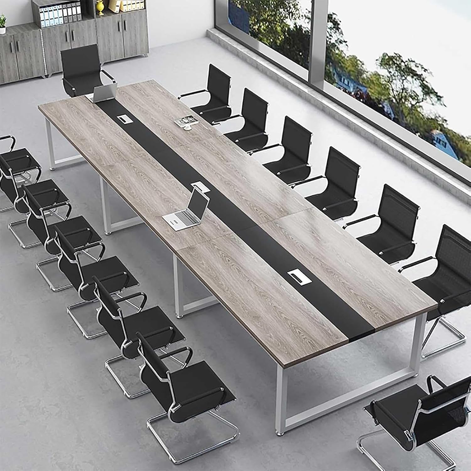 Large Conference Table, Wooden Meeting Table with Sturdy Metal Frame for 6 to 10 People with Cable Management Suitable for Conference Rooms Offices and Training Rooms