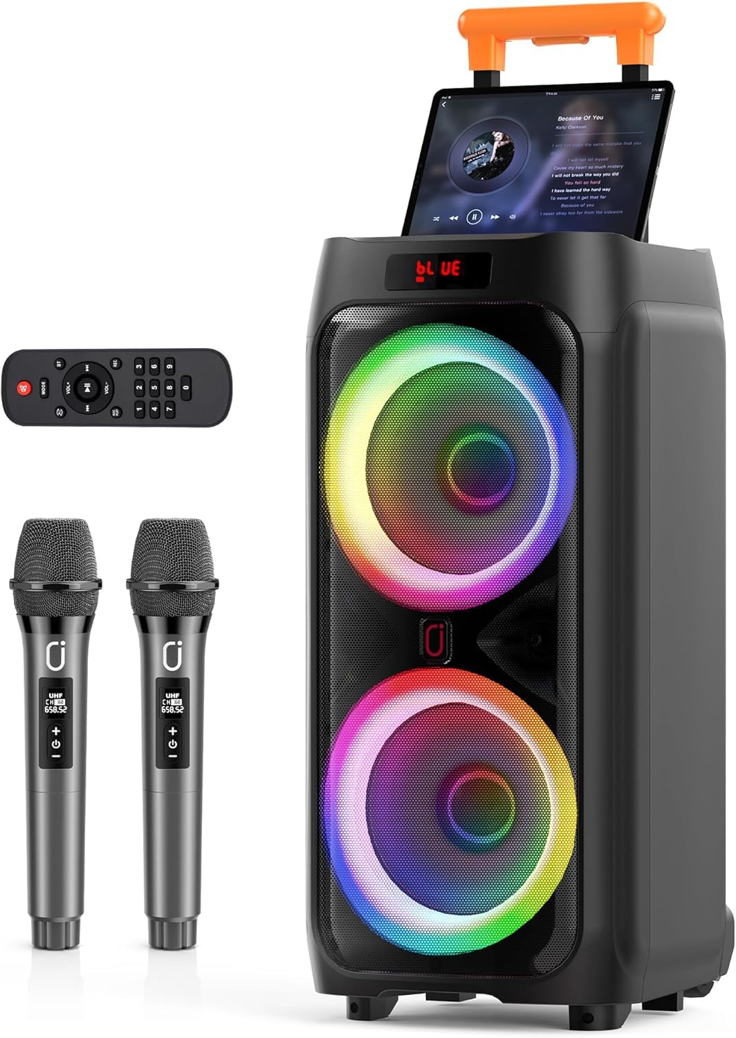 JYX Karaoke Machine with 2 Wireless Microphones for Adults, Dual 8" Subwoofer Big Bluetooth Speaker with 500W Peak Power, PA System with DJ Light, Rolling Wheels and Trolley, Perfect for Outdoor Party
