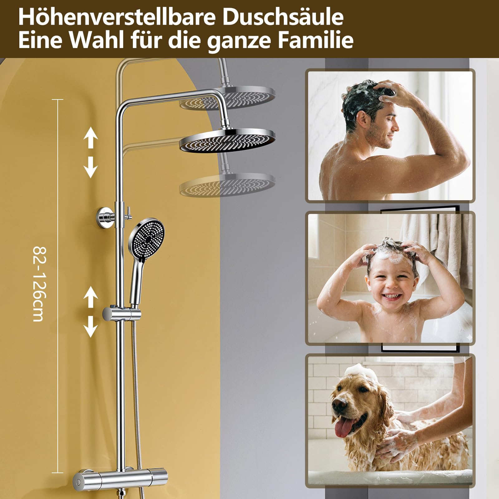 Duschsystem mit Thermostat Edelstahl Regendusche 25cm Handbrause 3 Strahlarten Duscharmatur Komplettset Höhenverstellbar mit Anti-Verbrühungsschutz Wassersparend Einfach Installieren