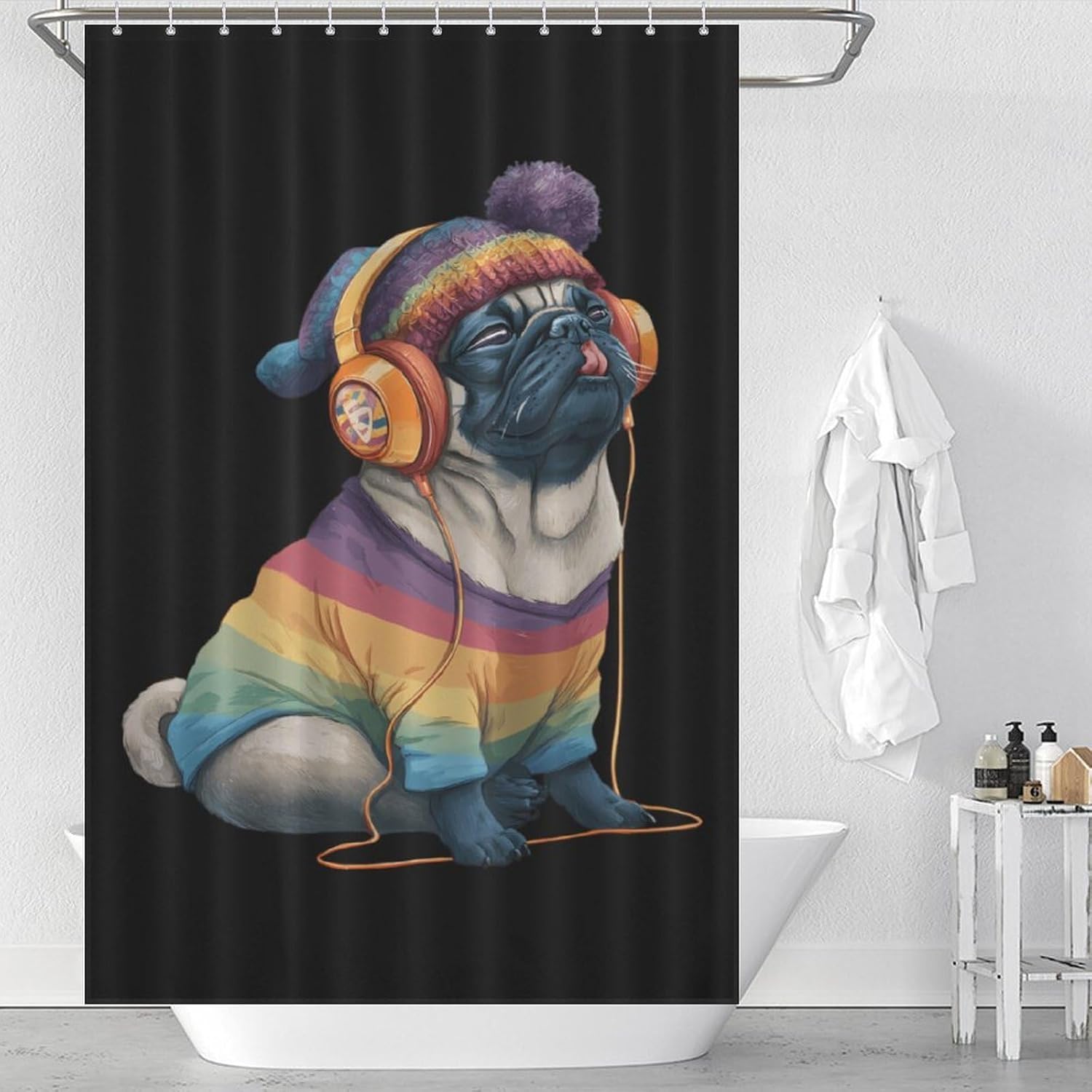 Music Lover Pug Shower Curtain 46.85x70.87Inch（119x180cm） Polyester Bath Curtain Shower Curtains Printed Decorative