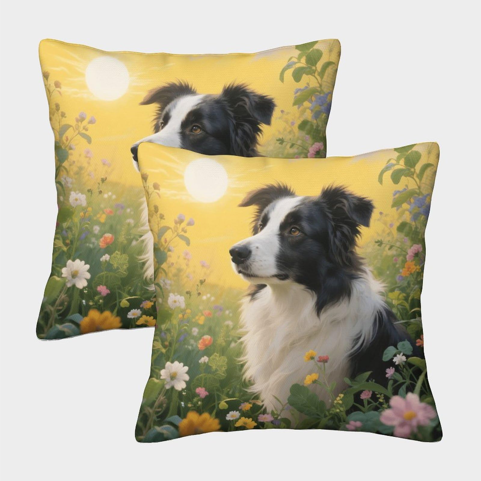 Emyxpaqm Style-6 Cushion Cases Border Collie Flowers Plants Polyester Pillow Cover Set Of 2 - Decorative For Sofa/Bed/Indoor/Outdoor 45X45cm