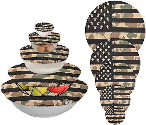 Miniatura 8 de Kcldeci 5 fundas para tazones con diseño de bandera estadounidense con camuflaje del desierto, reutilizables, 5 tamaños, tela elástica, fundas para