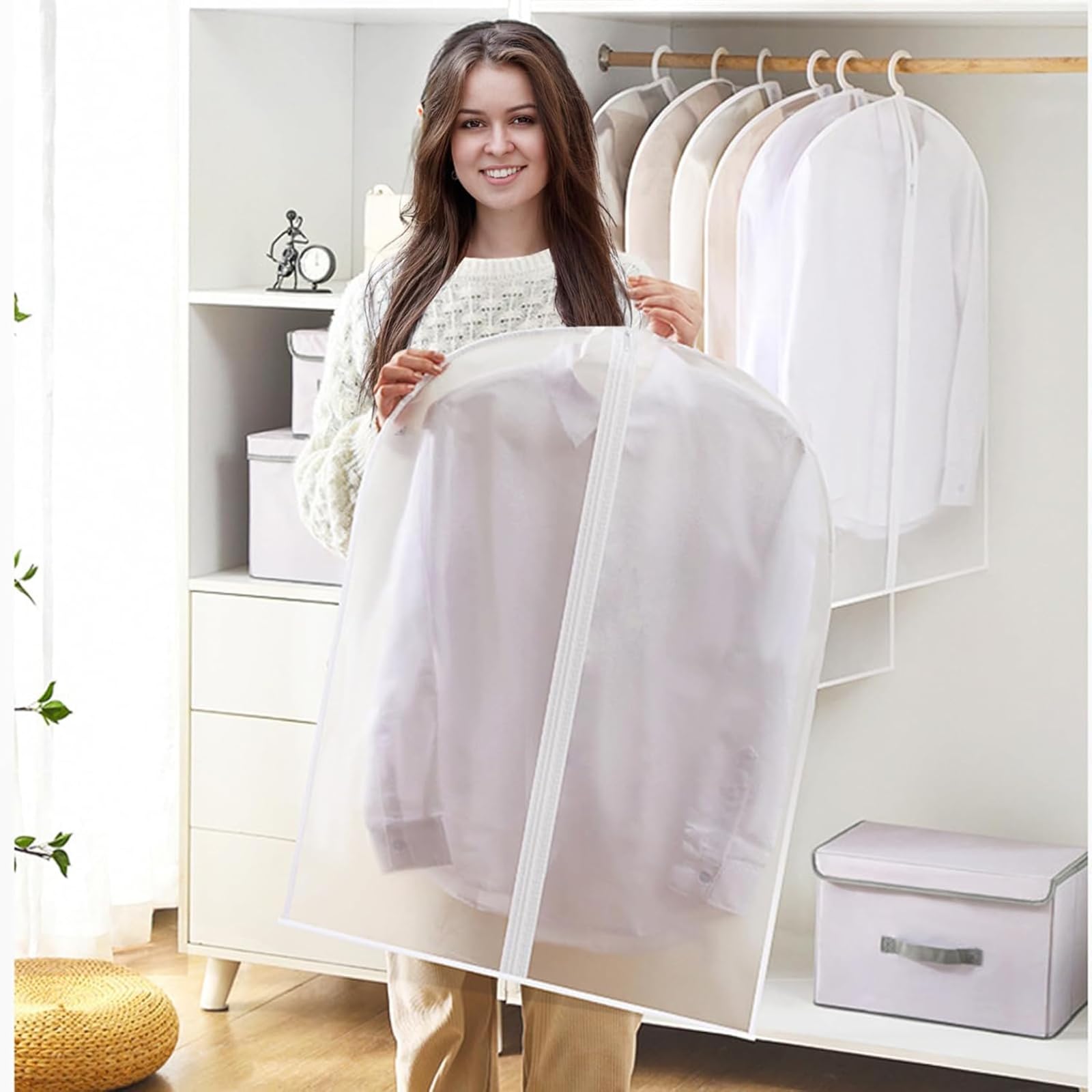 Qikvuer 8 Fundas de Ropa, Fundas Ropa Armario Transparente 60 x 120/100 cm, Bolsa Guardar Ropa Almacenaje Antipolvo para Traje, Vestidos, Camisas,Vestidos de Noche (Blanco)