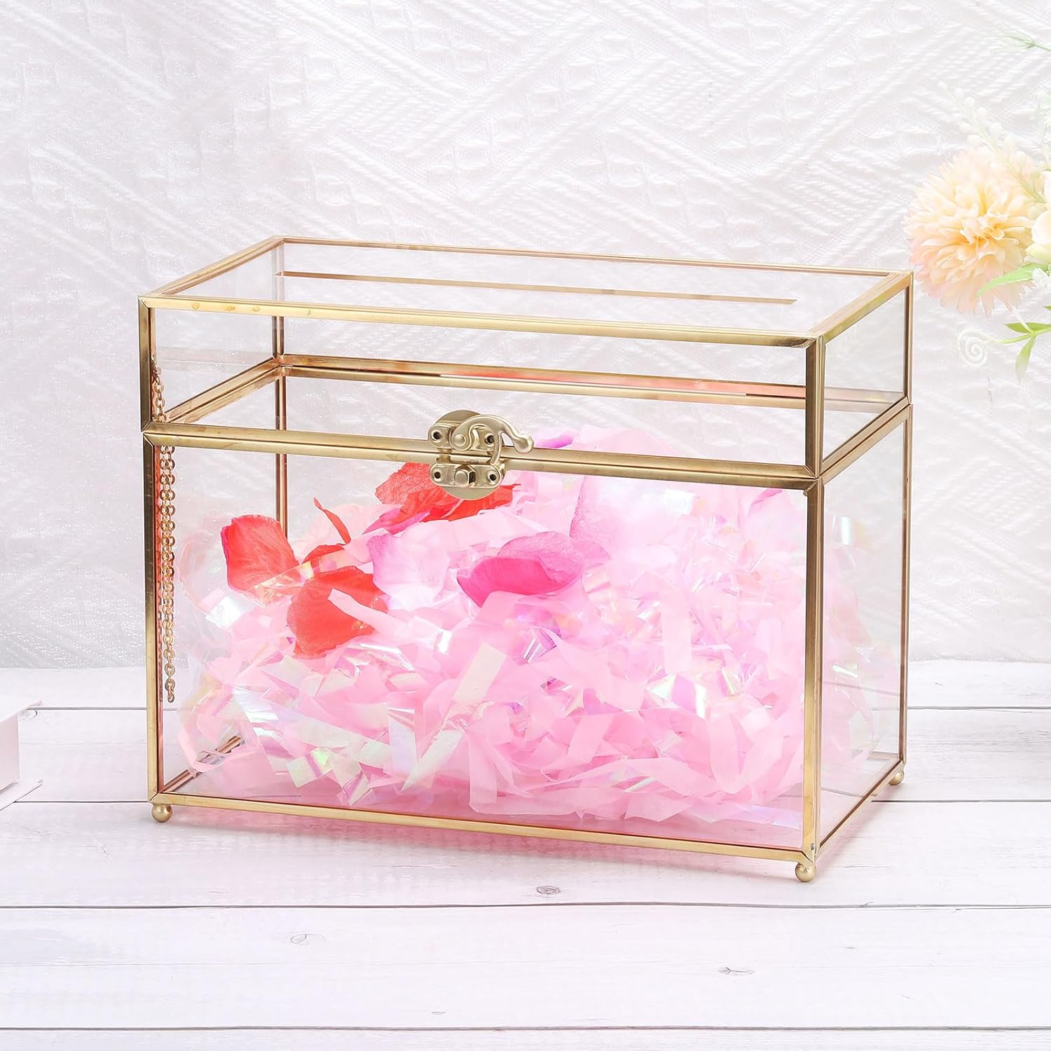uxcell Glass Card Box Wedding Card Box with Lock for Wedding Reception, 10" x 6" x 8" Envelope Card Holder for Reception, Graduation, Gift Cards, Silver
