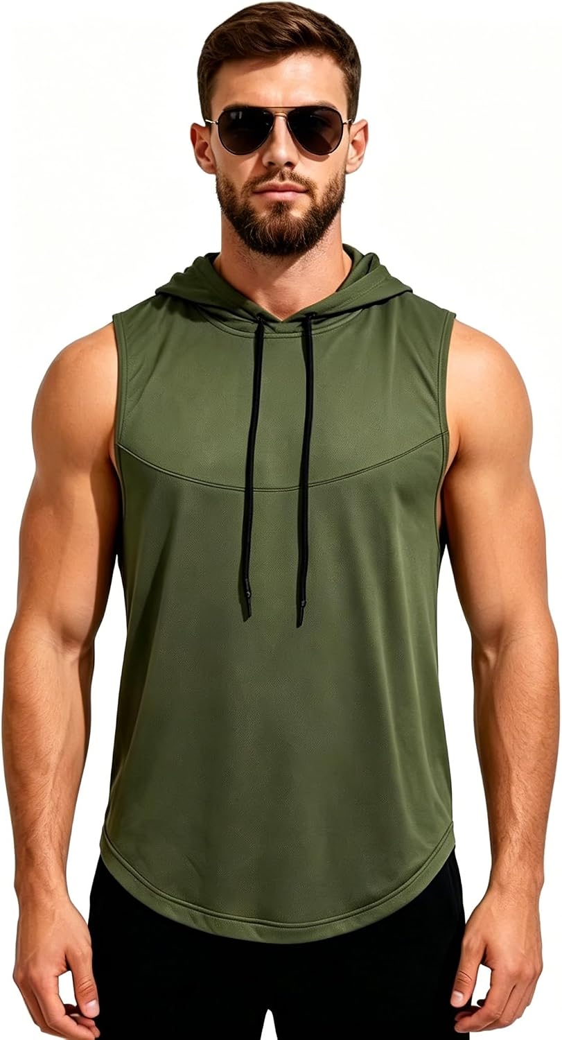 Men's Sleeveless Hoodie Quick Dry Stretch Breathable Gym Tank Top Athletic Hooded Vest for Basketball Running Fitness