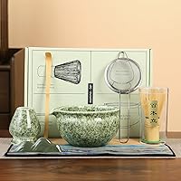 Vista 1 de Juego tradicional de ceremonia de té matcha, kit de 5 piezas con cuenco de cerámica, batidor de bambú, soporte, colador, verde