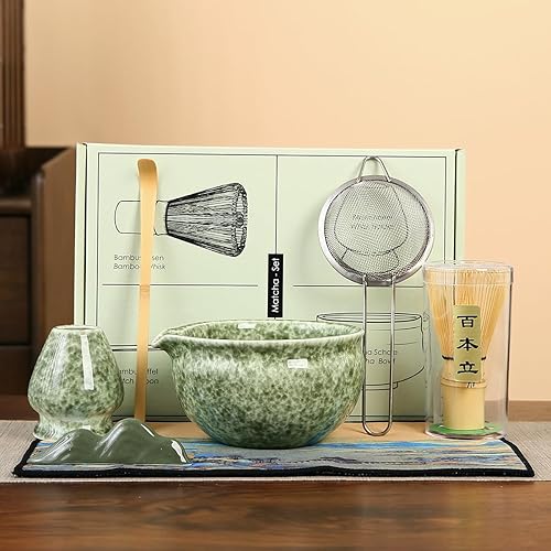 Juego tradicional de ceremonia de té matcha, kit de 5 piezas con cuenco de cerámica, batidor de bambú, soporte, colador, verde