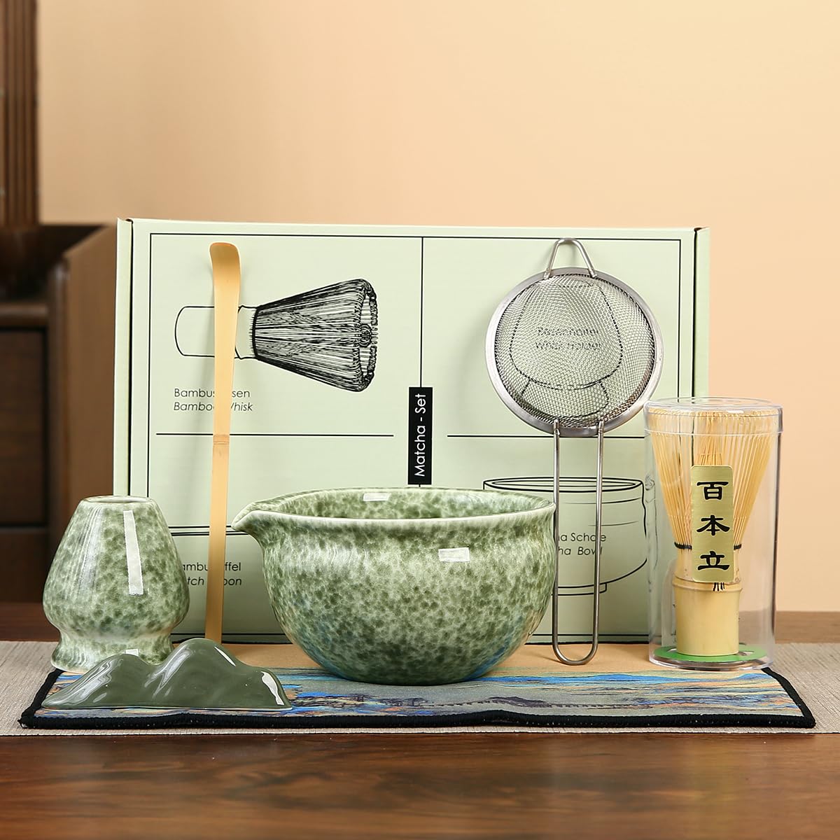 Traditional Matcha Tea Ceremony Set - 5 Piece Kit With Bamboo Whisk, Ceramic Bowl, Holder, Spoon & Strainer (Light Green) 3 thumbnail image