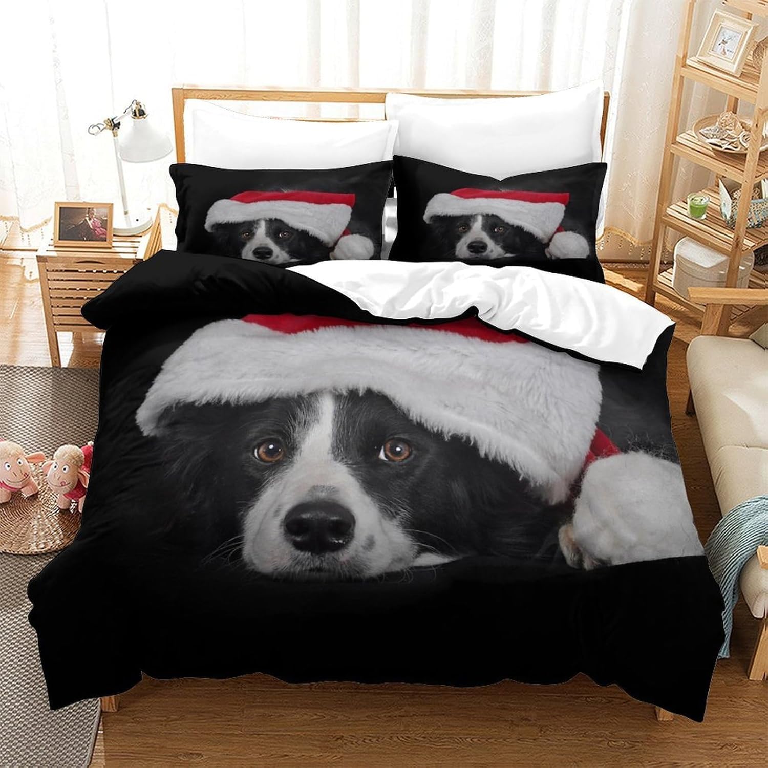 Czapka Świętego Mikołaja, zestaw poszewek na kołdrę w rozmiarze king size, 230 x 220 cm, Border Collie, czarna, hipoalergiczna poszewka na kołdrę z zamkiem błyskawicznym i 2 poszewkami na poduszki dla